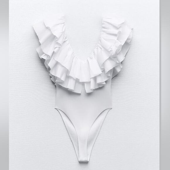 Zara White Ruffled Ribbed Bodysuit - Picture 6 of 8